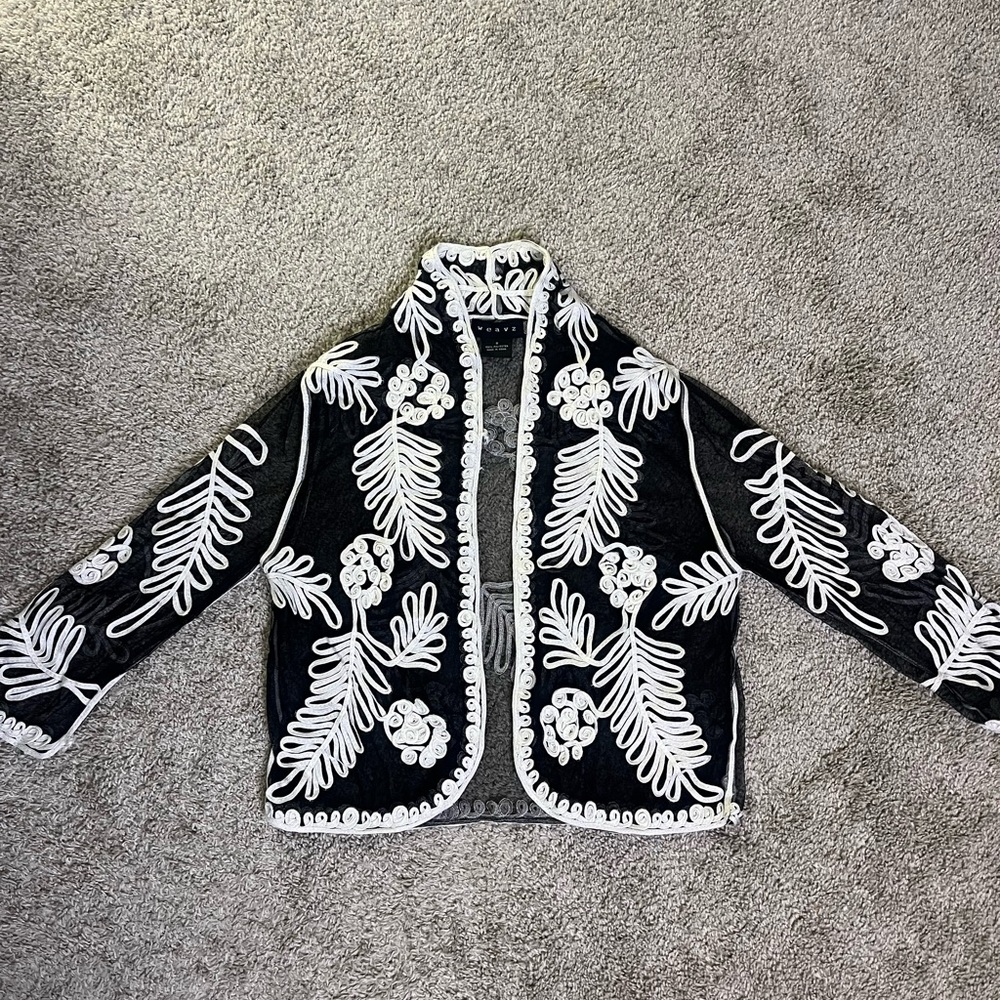 Vintage Black and White Embroidered Sheer Cardigan Jacket